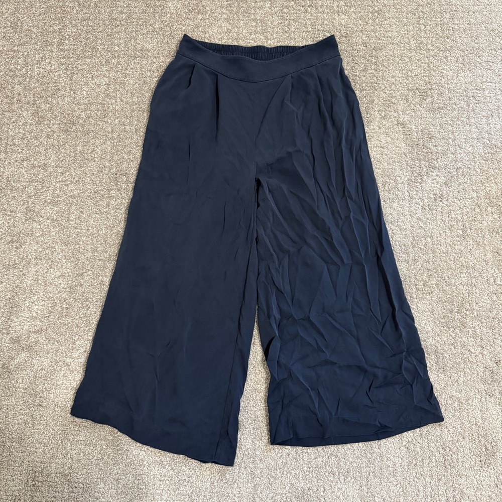 Kit and Ace Silk Black Navy Blue Wide Leg Cropped Elastic‎ Waist Pants Size 4